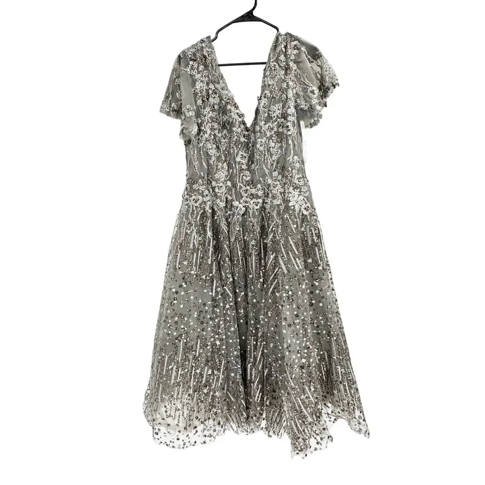 Mac‎ Duggal 20392 Gunmetal Embellished Butterfly Fit and Flare Tea-Length Dress - Picture 7 of 8